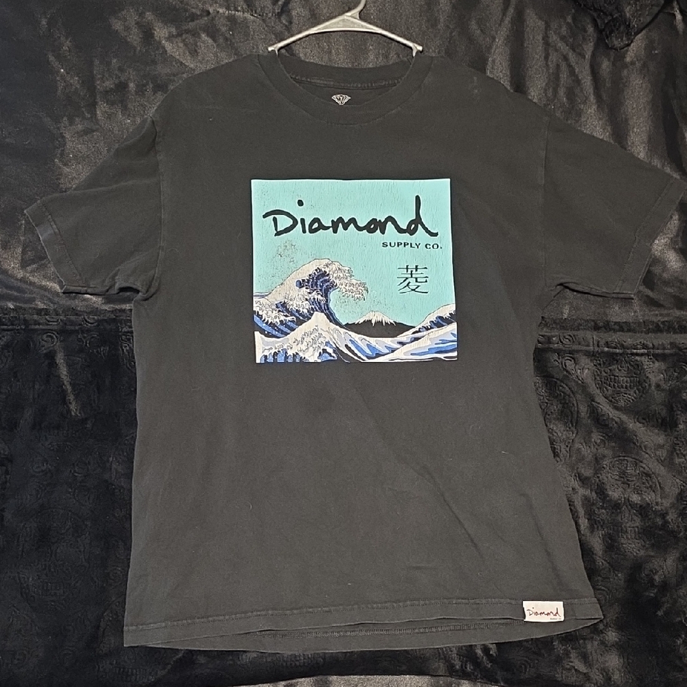 Diamond Supply Co. Black Tee with Turquoise and Blue Wave Graphic